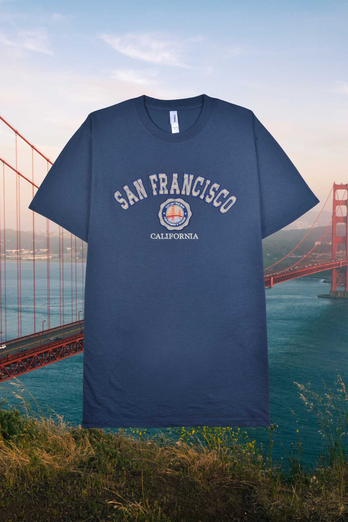 Navy San Francisco t shirt embroidered with Golden Gate