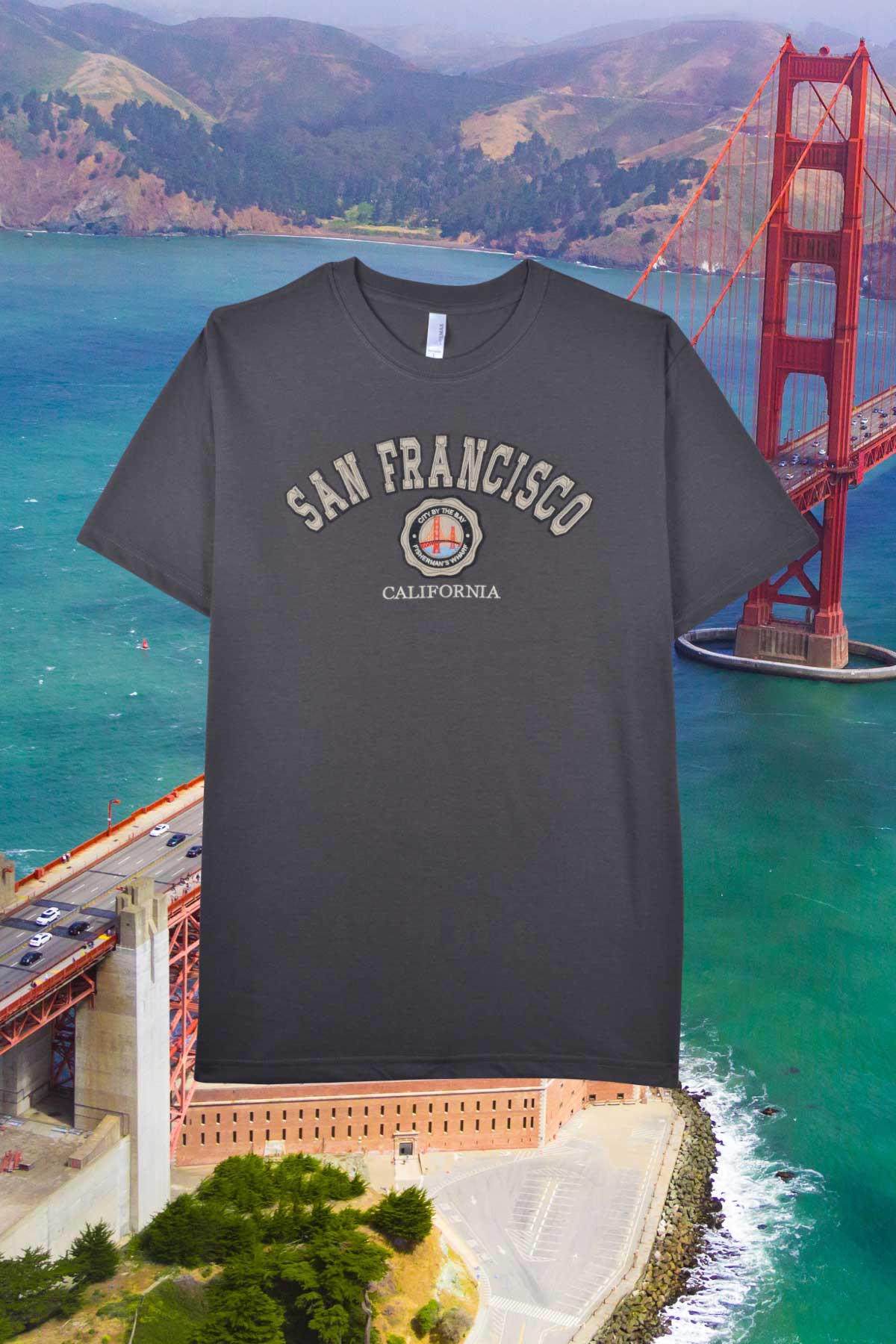 Men's San Francisco tee is gray, varsity embroidered. Golden gate bridge, City By The Bay, California shirt.