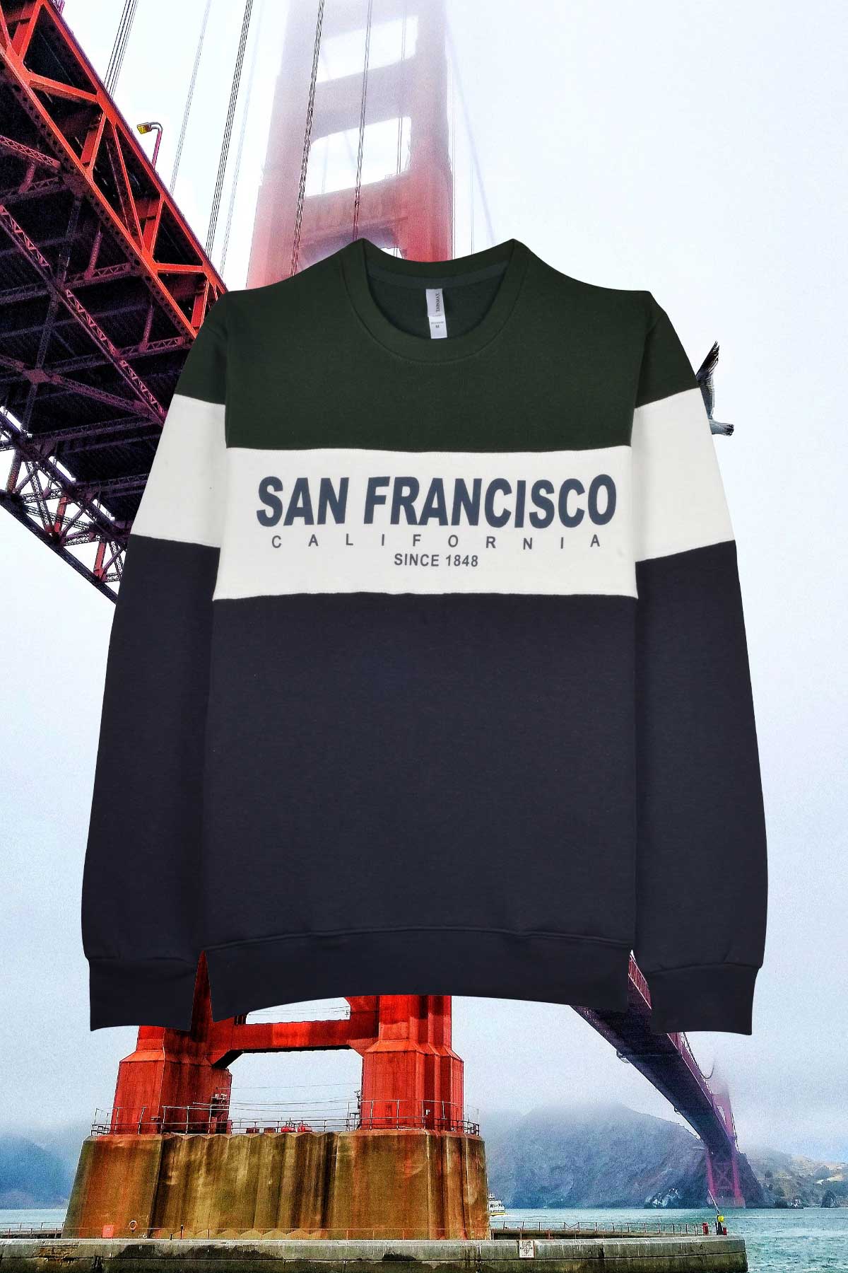 San Francisco sweatshirt with stripe hunter green & navy blue.