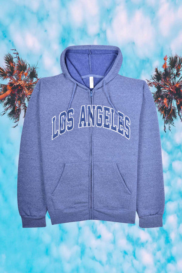 Embroidered, Los Angeles varsity full zip hoodie has Unisex Men's fit, Heather Blue. Retro varsity arch design.