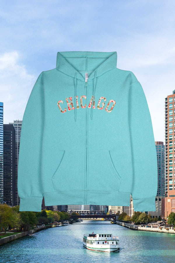 Women's Chicago zip up hoodie with floral nature embroidery