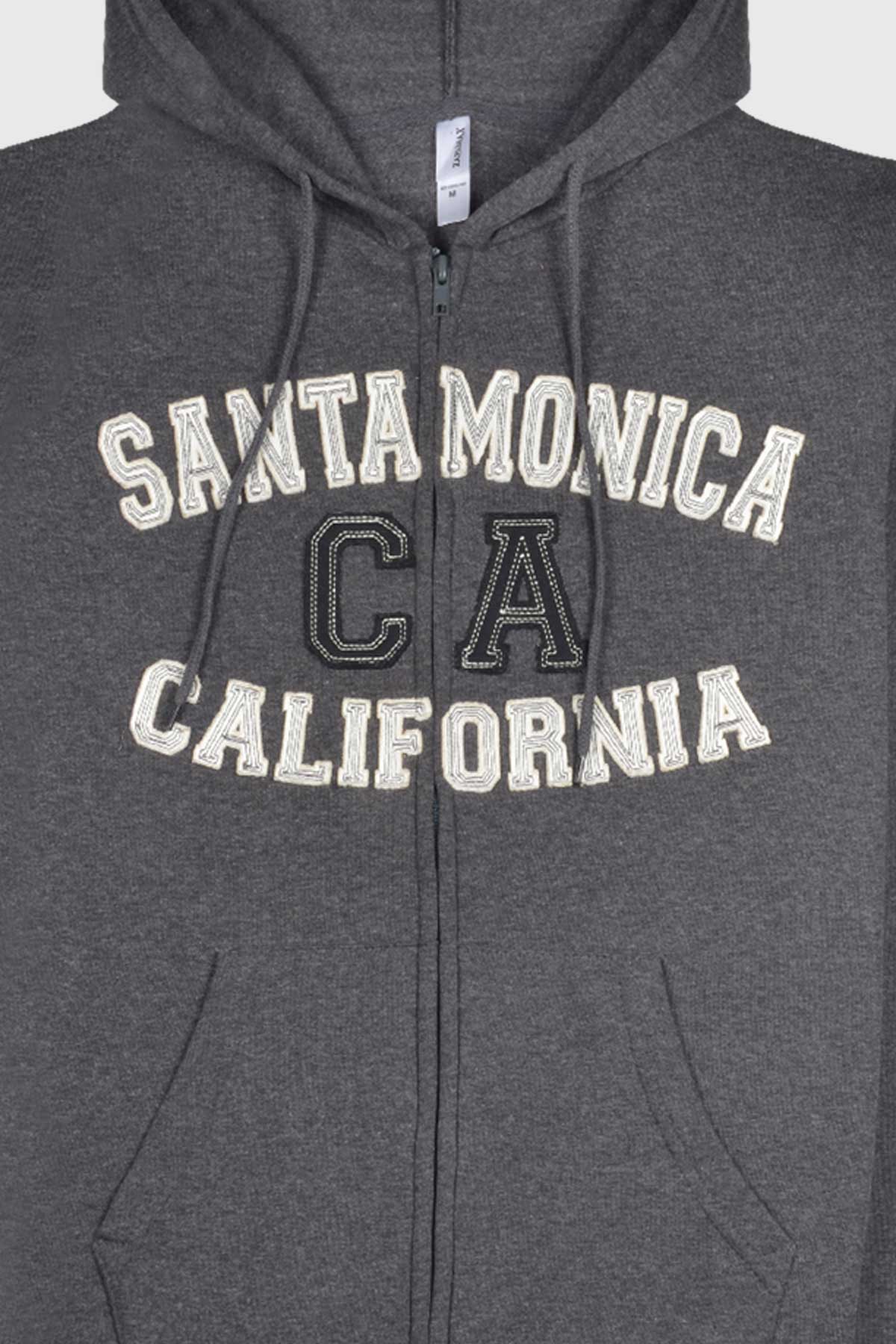 Santa Monica California zip up hoodie with stitched patch letters