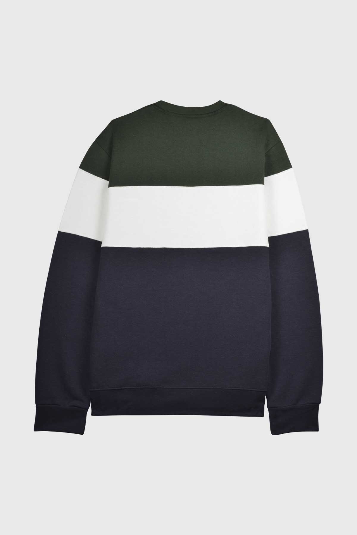 Fleece, crewneck sweatshirt is navy, white, hunter green.