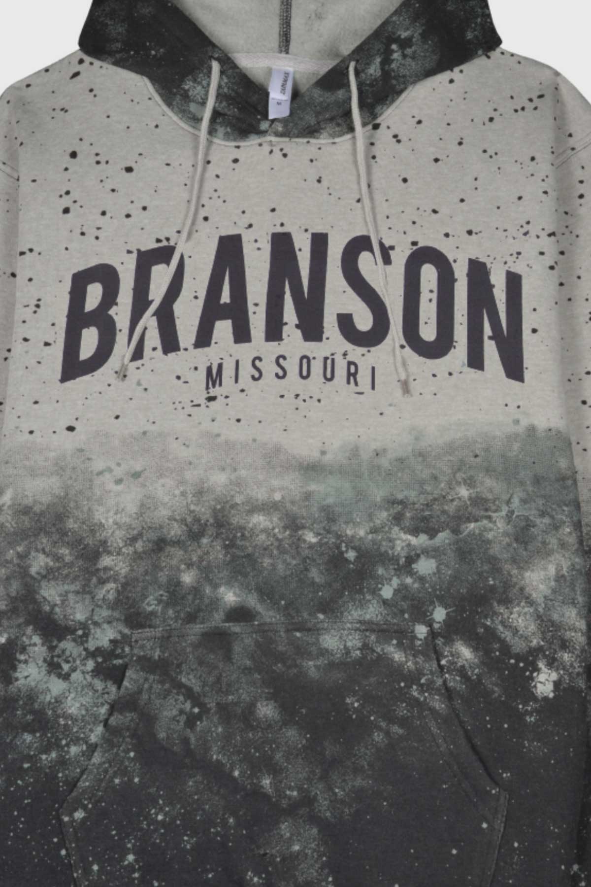 Branson pullover hoodie with urban streetwear, gray, black. Soft Branson sweatshirt has hood, cotton fleece.