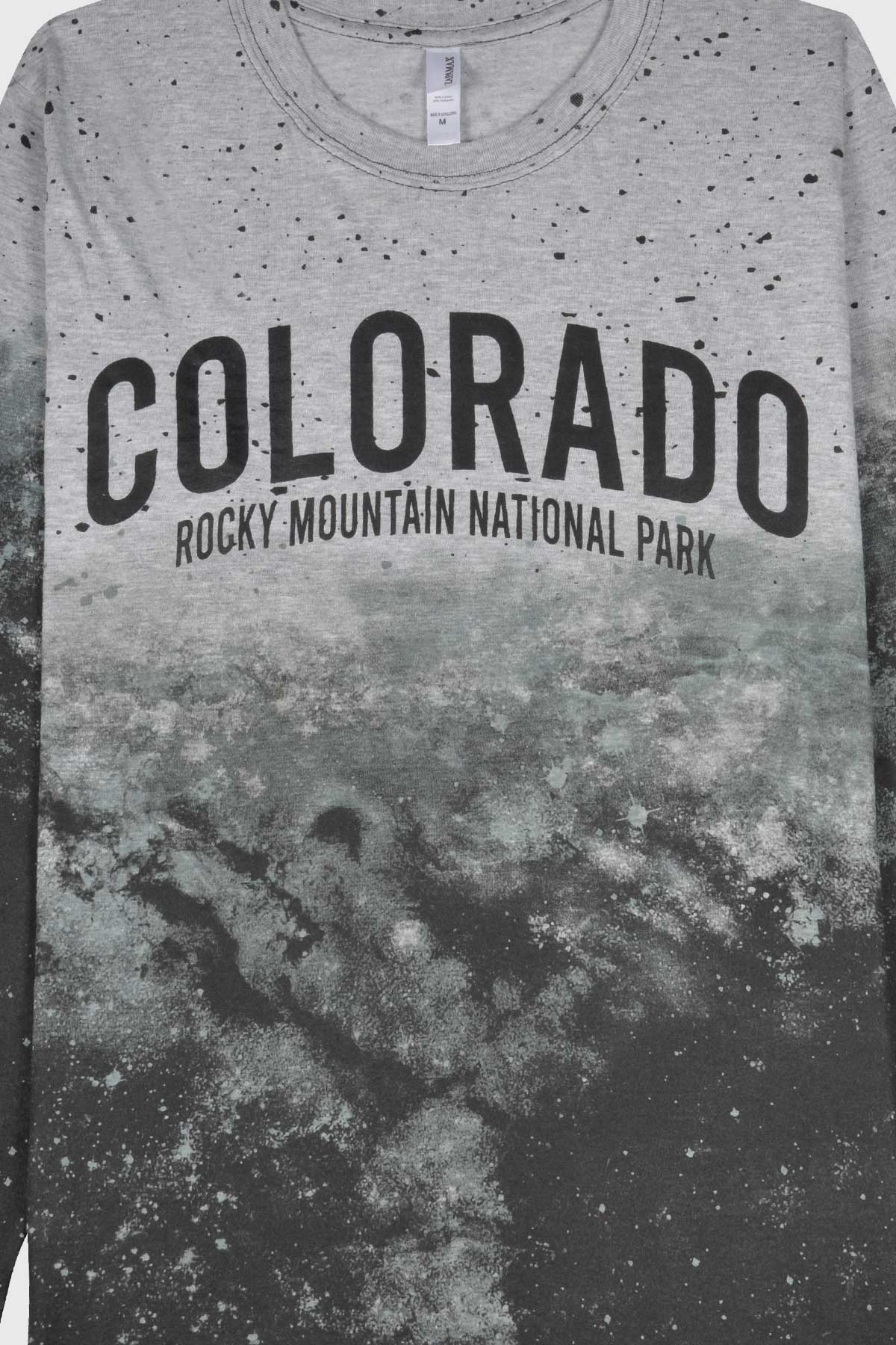 Colorado long sleeve t shirt with Rocky Mountain National Park. Rocky Mountain t shirt is black, gray.