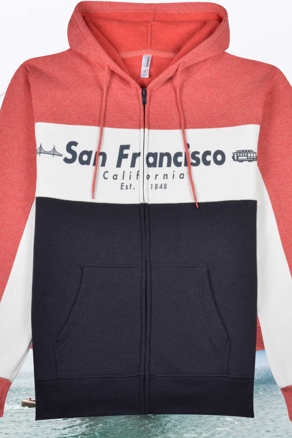 San Francisco California zip hoodie with Golden Gate, cable car