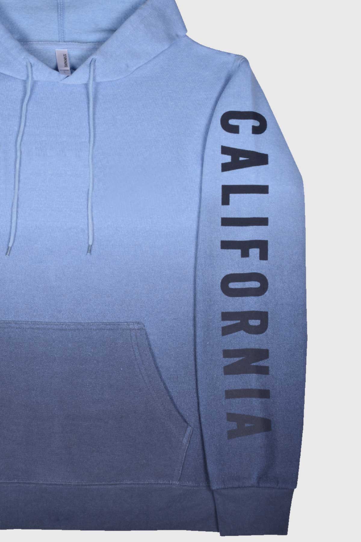 Close up: Blue hoodie with California sleeve graphic