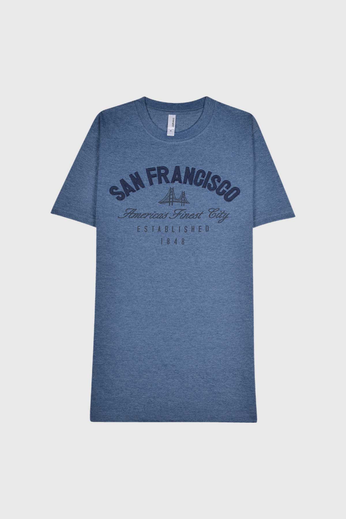 San Francisco Bridge graphic. Mens Short Sleeve T shirt. Jersey Cotton. Denim Blue