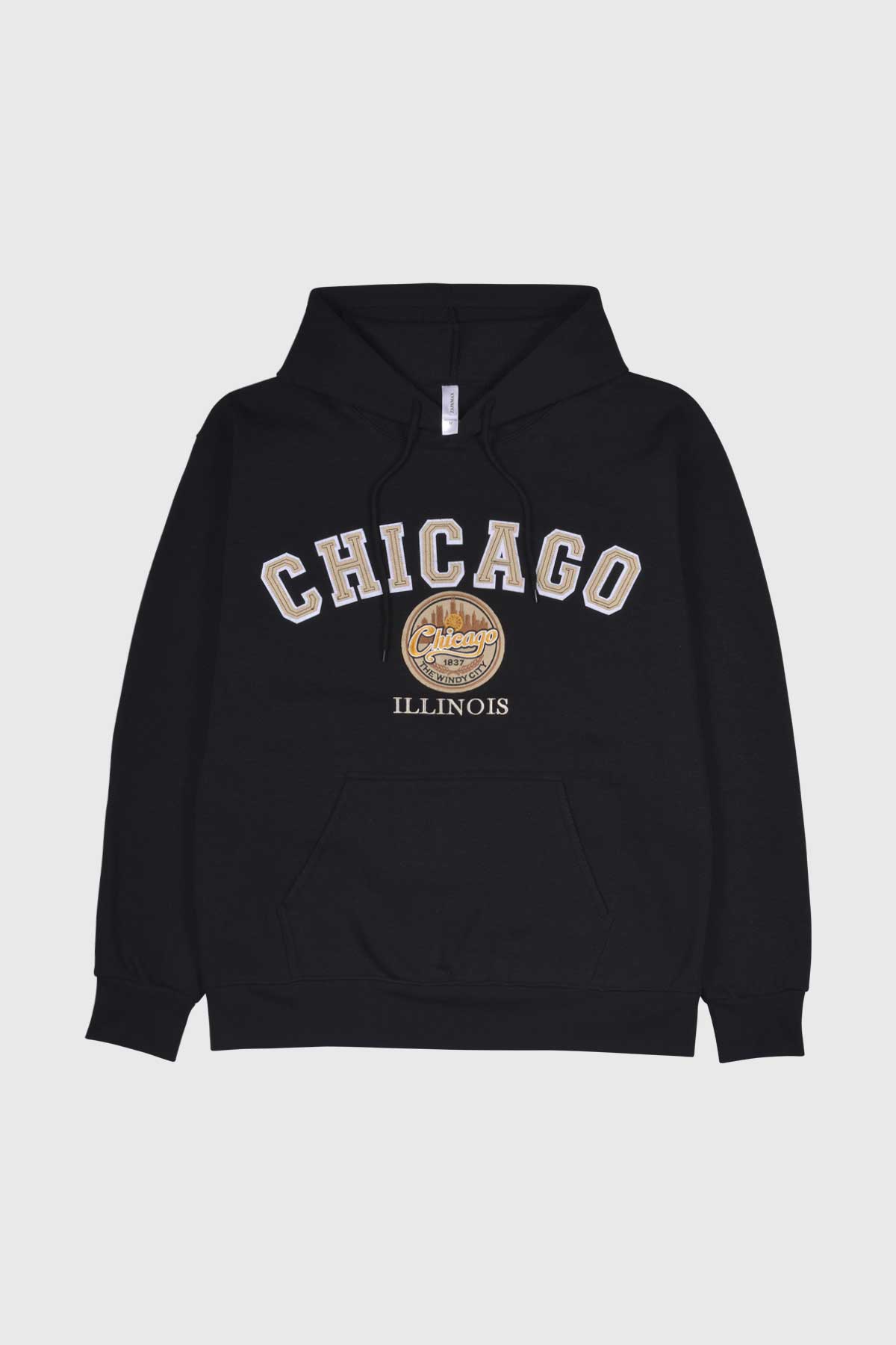 Chicago sweatshirt has stitched collegiate patch letters.