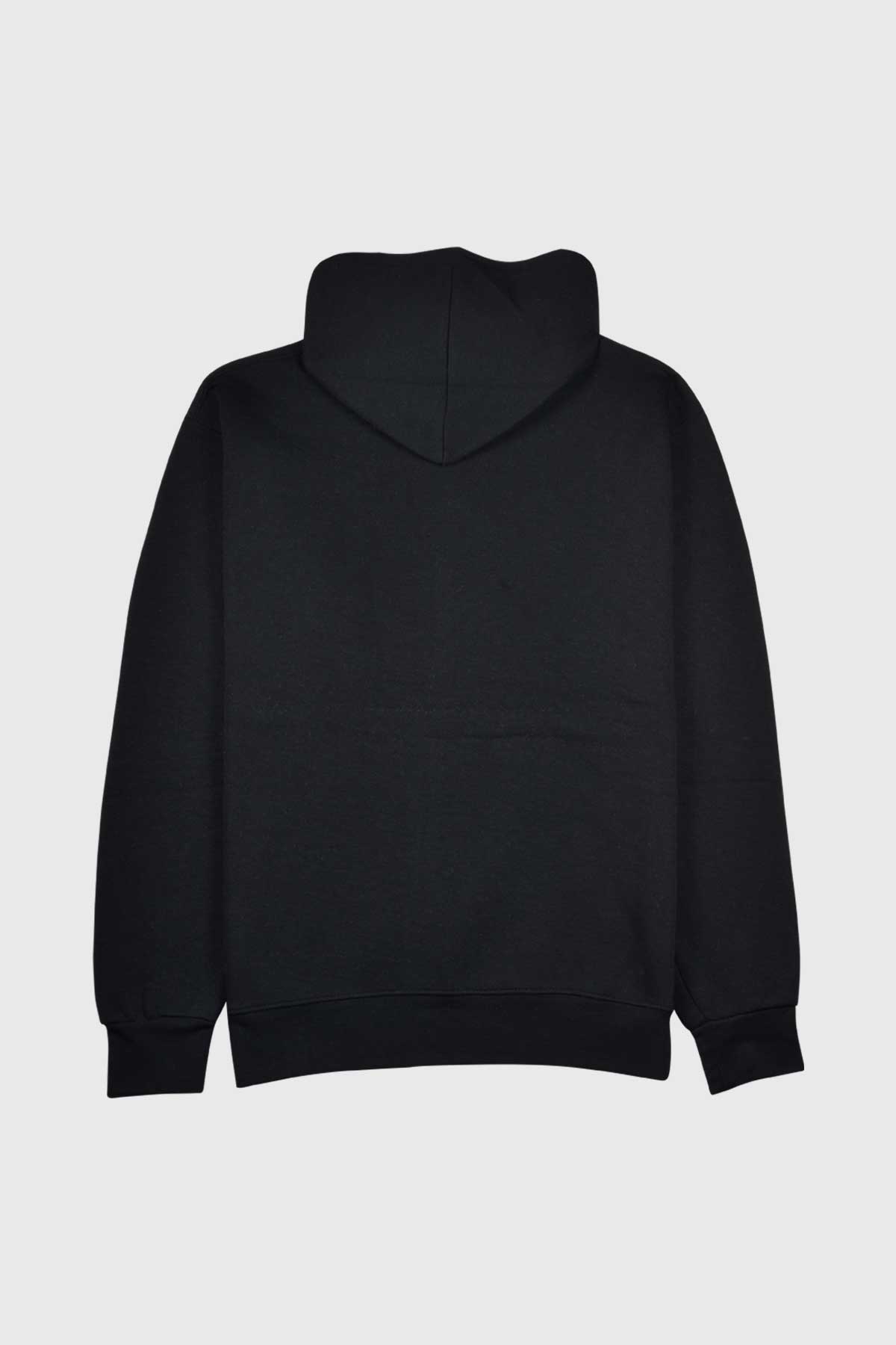 Black pullover hoodie is preshrunk, cotton fleece.