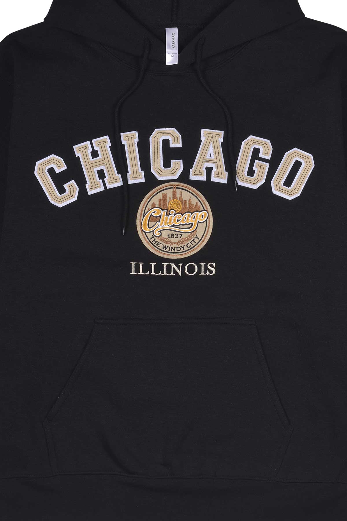 Chicago embroidery hoodie with applique letters & stitch skyline 